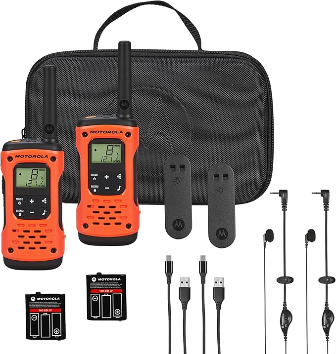 Motorola Solutions, Portable FRS, T605_H2O, Talkabout, Two Way Radios Waterproof Walkie Talkie Emergency Preparedness, Rechargeable, 22 Channel, 35 Mile, Orange W/Black, 2 Pack