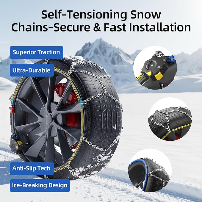 Snow Chains for Car Tires, 35s Quick Fit & Auto-Tightening, Universal Emergency Anti-Slip Tire Traction Chains for Cars, SUVs & Trucks, Reusable Portable Set of 2 (HKN-140)