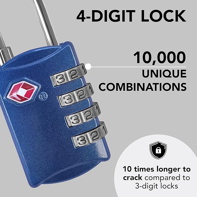 TSA Locks for Luggage, 2-Pc Durable Steel Padlock, Keyless Easy to Read 4-Digit Combination Lock for Backpacks, Travel Suitcases, Toolbox, Filing Cabinets, Baggage & Gym Locker, Blue