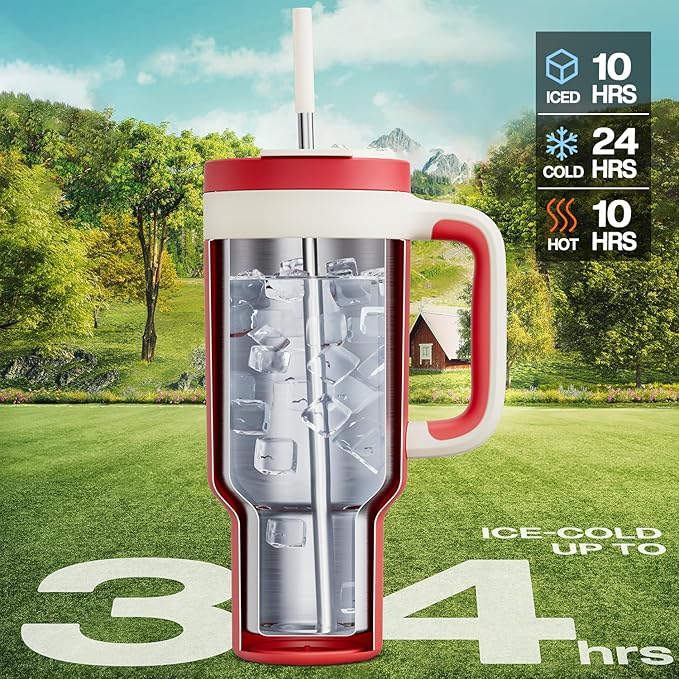 POWCAN 40 oz Tumbler with Handle, 2-in-1 Straw and Sip Lid, Leakproof, Dishwasher Safe, Insulated Stainless Steel Travel Coffee Mug, Keeps Cold for 34 Hours, Fits in Car Cup Holder (Passion)