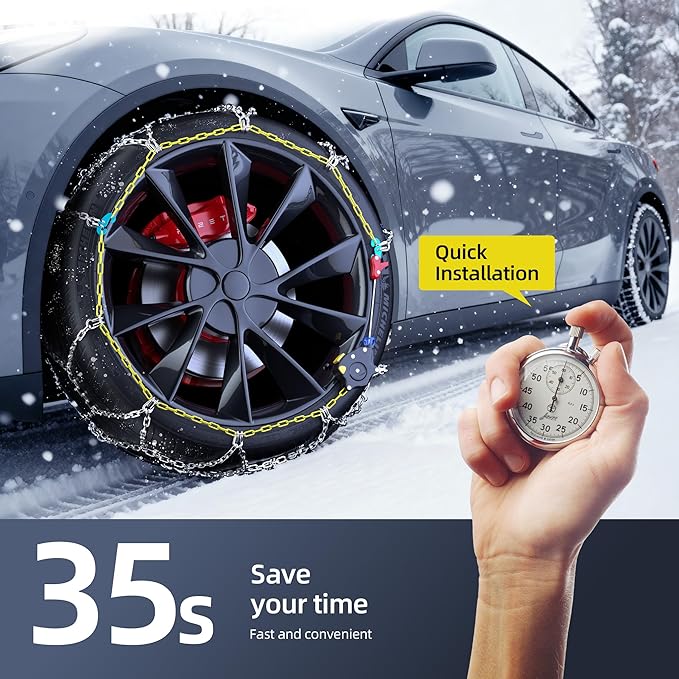 Snow Chains for Car Tires, 35s Quick Fit & Auto-Tightening, Universal Emergency Anti-Slip Tire Traction Chains for Cars, SUVs & Trucks, Reusable Portable Set of 2 (HKN-110)