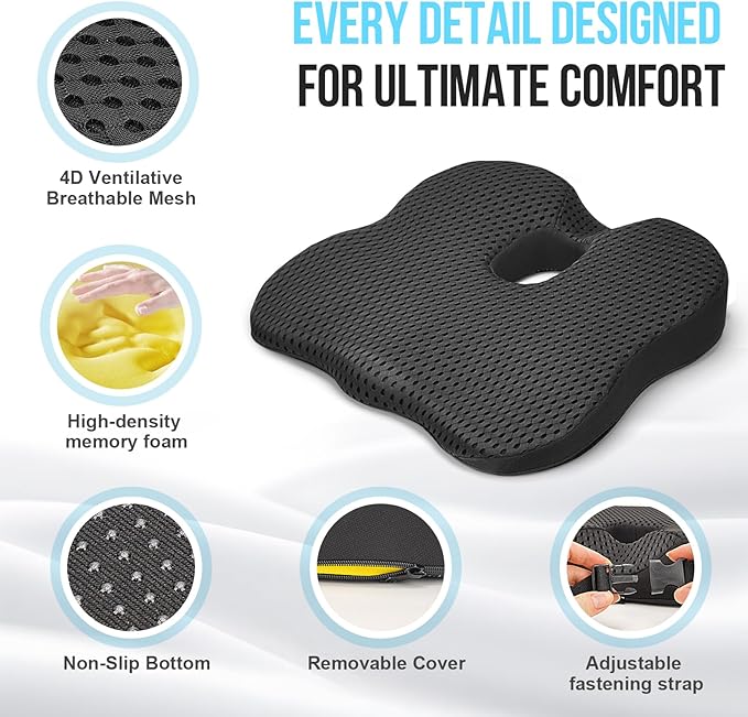 Car Seat Cushion for Driving – Ergonomic Wedge Memory Foam Booster Automotive Seat with Non-Slip Bottom & Adjustable Strap – Car Seat Pad for Car, Truck, Vehicle