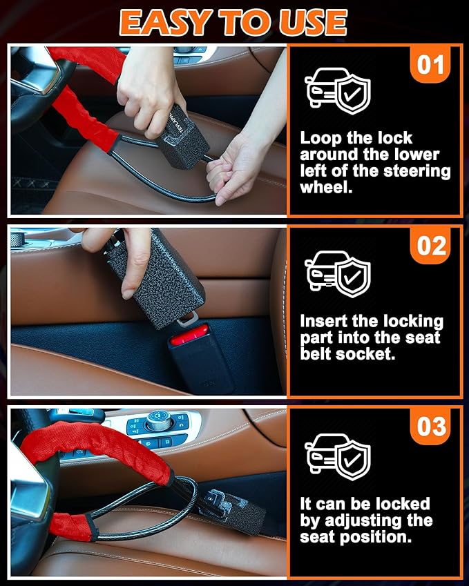 Tevlaphee Steering Wheel Lock Seat Belt Lock Universal Anti Theft Car Device Car Lock Car Theft Prevention with 3 Keys for Car Security Fit Most Vehicles Truck SUV Van (Red)