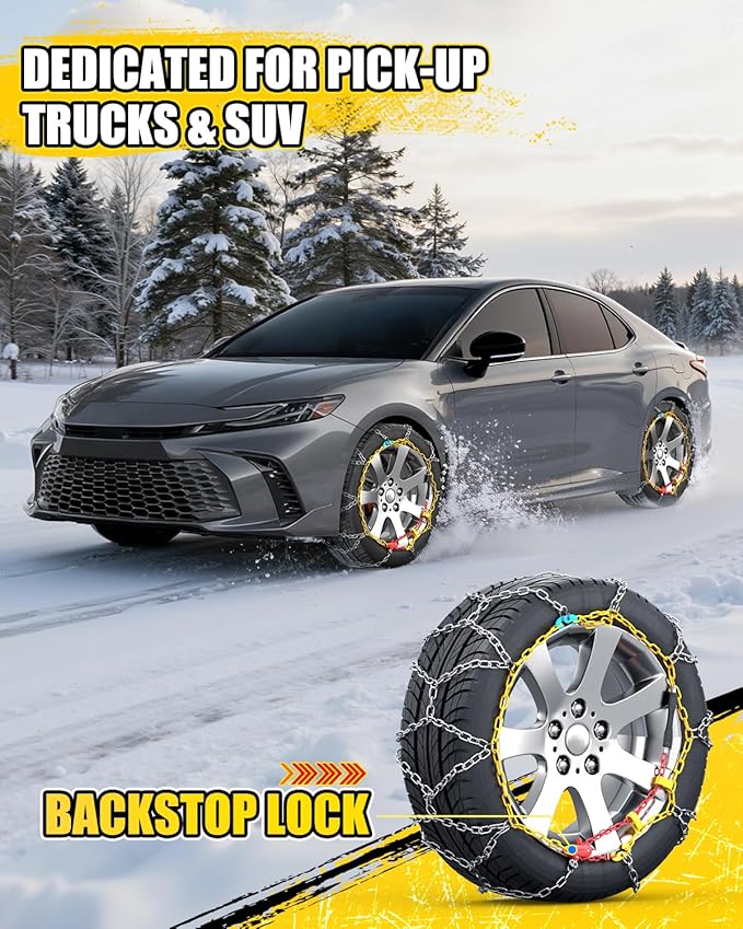Snow-Chains Easy Install Tire-Chains, One-Pull Fit Design Tire Snow Chains for Passenger Cars, Sedan, SUVs, Emergency Winter Tire Traction Car Tires 215 225 235 245 255 265 - Set of 2 (KN120)
