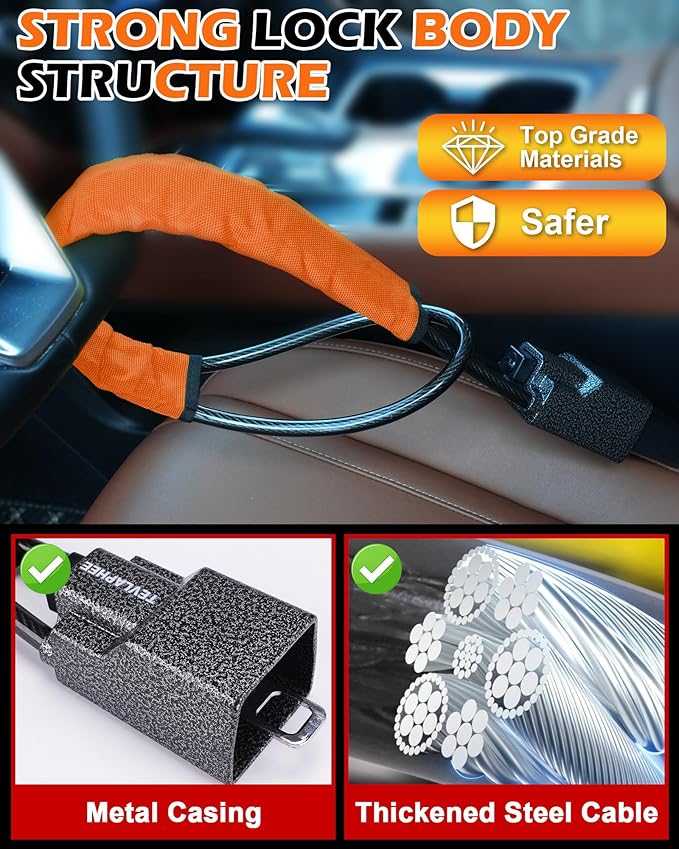 Tevlaphee Steering Wheel Lock Seat Belt Lock Universal Anti Theft Car Device Car Lock Car Theft Prevention with 3 Keys for Car Security Fit Most Vehicles Truck SUV Van (Orange)