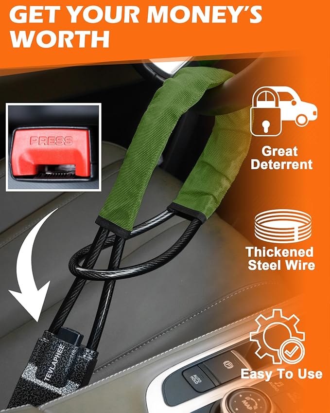 Tevlaphee Steering Wheel Lock Seat Belt Lock Universal Anti Theft Car Device Car Lock Car Theft Prevention with 3 Keys for Car Security Fit Most Vehicles Truck SUV Van (Green)