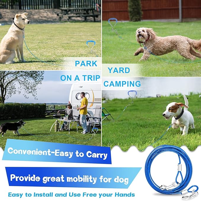 Supet Dog Tie Out Cable and Stake for Yard and Camping, Heavy Duty Stakes and Lead for Large Dogs up to 125lbs, Dog Scew and Tether for Outside (10FT)