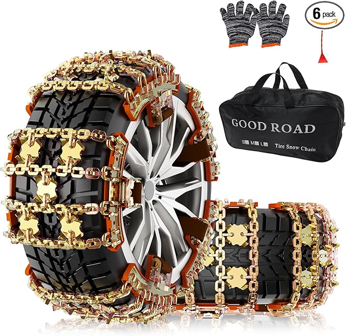 KYX Upgrade Alloy Steel Tire Chains for Car/SUV/Pickup Truks, Adjustable Universal Emergency Snow Chains for Off-road SUV Car Tires 185 195 205 215 225 235 245 255 - Set of 6, Alloy Steel