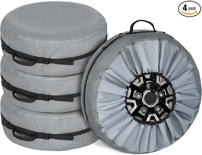 Explore Land Tire Cover with Handle - Seasonal Spare Tire Bag, Heavy Duty Winter Wheel Storage Tote Against Dust and Scratches, 4 Pack (Fits Diameters 32''-34.75'', Charcoal)