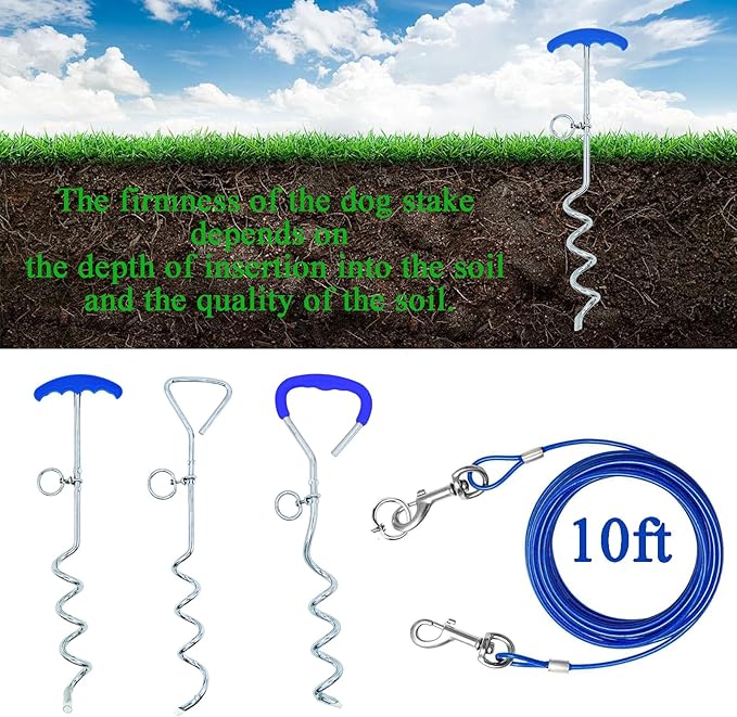 Dog Tie-Out Stake and Cable 30ft Heavy Duty Spiral Ground Stake Tethering Anchor Dog Leash Chain Rope Metal 360 Swivel Hook for Small Medium Large Dogs Outdoor (T-Shaped Stake)
