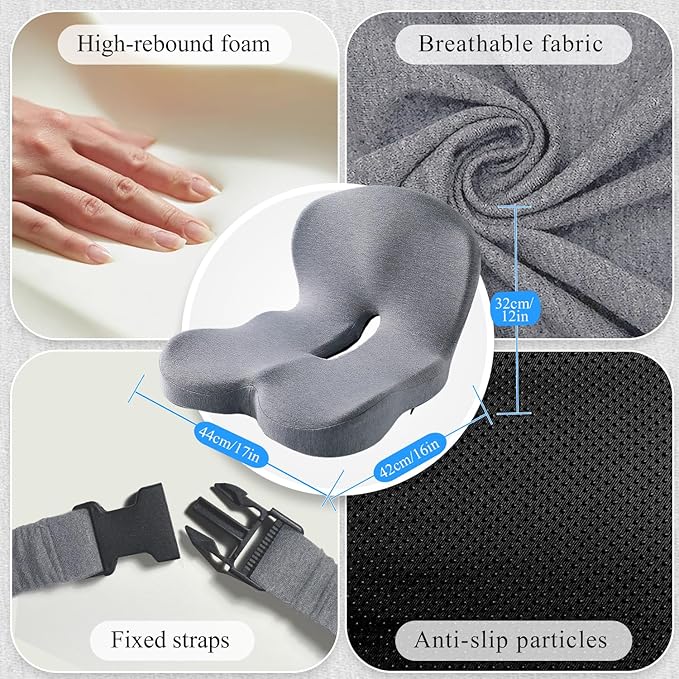 Seat Cushion for Truck Driver, Memory Foam Truck Seat Cushion with Adjustable Strap – Ergonomic Back Support & Sciatica Relief for Long Drives, Semi Truck Accessories, Light Gray