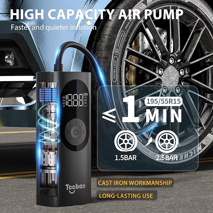 Tire Inflator Portable Air Compressor for Car,Large motor 2x Fast,Tccbac Bike Pumps with 150 PSI High Pressure Gauge and LED Light,Tire Pump Auto Shut-Off Electric Air Pump for Car Ball Motorcycle
