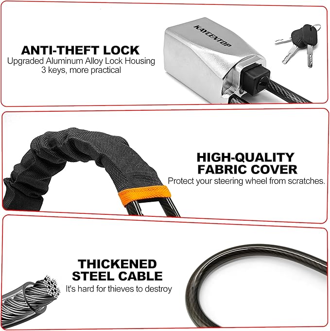 KAYCENTOP Car Steering Wheel Lock, Seat Belt Lock, Car Locks Anti-Theft Device with Aluminum Alloy Lock Housing, Max 17 Inch Length, High Visibility and Light-Weight, Universal Fit, 3Keys(Black)