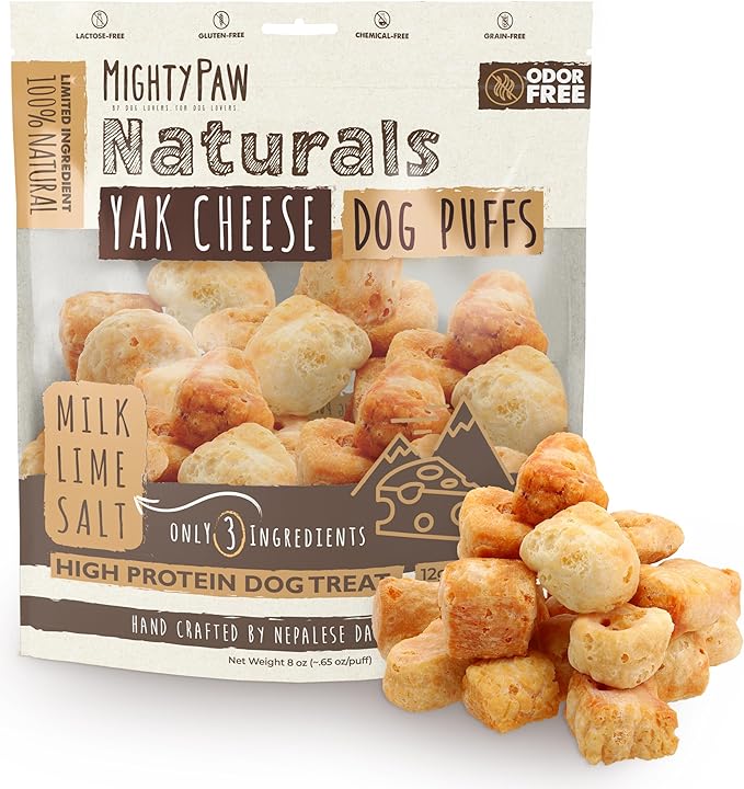 Mighty Paw Yak Cheese Puffs for Dogs - Crunchy All-Natural Pet Treats - Odorless Limited-Ingredient Chews for Puppies & Power-Chewers - Rich in Protein and Calcium - Easy to Chew (8 oz.)