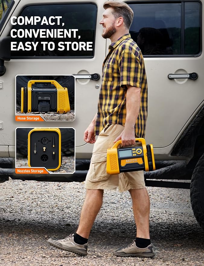 AstroAI TC3 Air Compressor Portable Tire Inflator Offroad Air Compressor for Truck 150PSI with Digital Display Air Pump for Car Heavy Duty for 4x4 Vehicle, RV, SUV, Car Accessories Yellow