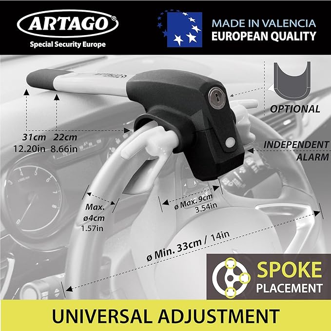 ARTAGO 870 High-End Steering Wheel Lock, 2in1 Without/With 120dB Alarm +Don't Touch +LED, More Secure & Deterrent Around a Spoke, Best Locking Bar, Universal Anti Theft Device for Car Truck Van Camper