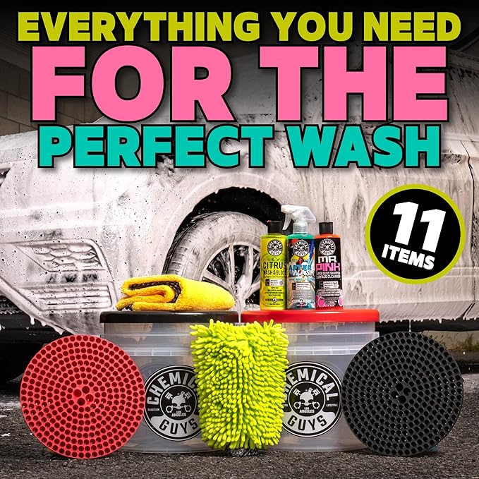 Chemical Guys HOL129 Best Two Car Wash Bucket Kit to Wash & Dry (11 Items Including 3 16 oz. Chemicals)