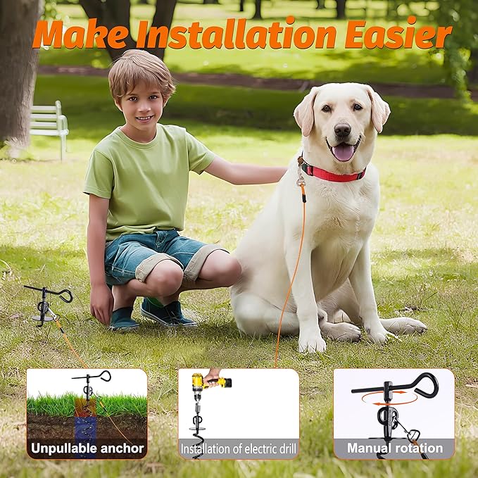 15" Heavy Duty Steel Dog Stake - 9mm Solid Anchor for Dogs Up to 120 lbs - 30FT Orange Tether-Yard, Camping, Outdoor Use (Black, 30ft Cable and Stake)