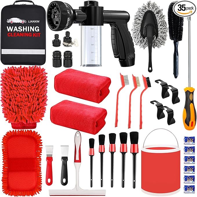 Car Wash Kit Car Wash Cleaning Kit Car Wash Foam Gun Sprayer Microfiber Sponge and Towels Car Foam Gun Tire Brush Collapsible Bucket Car Washing Kit