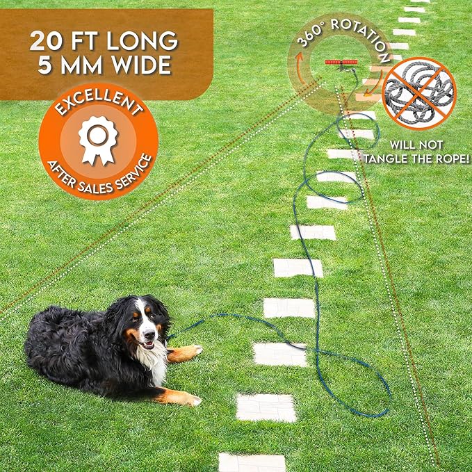 Heavy Duty 20FT Dog Tie Out Cable and Stake for Large Dogs, Dog Tie Out Stake and Cable Anchor for Dogs Up to 200 lbs,for Yard, Beach, Outdoor(Black)