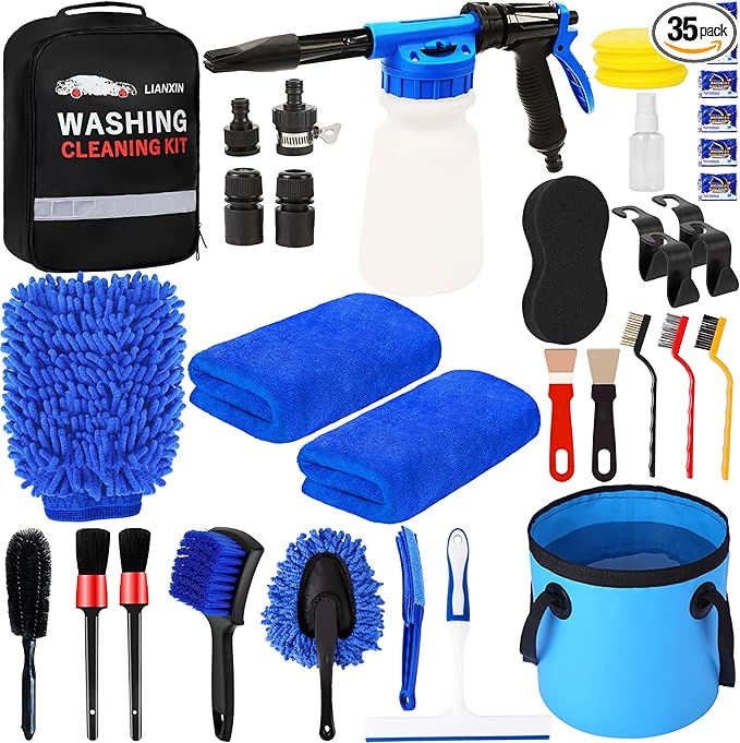 37Pcs Car Wash Kit Cleaning Kits with Foam Gun Sprayer Bucket Towels Tire Brush Wash Mitt Sponge Duster Brush Car Wash Detailing Kit is Complete Car Care Tools