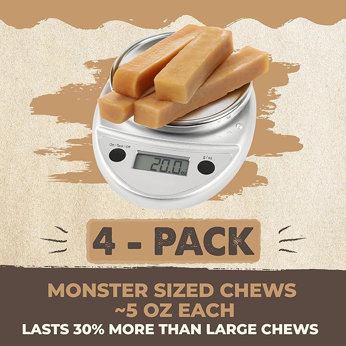 Mighty Paw Yak Cheese Dog Chews - All-Natural Treats for Dogs - High Protein Treat with 68 Grams of Protein Per Chew - Delicious and Long Lasting - Limited Ingredients - Monster 4 Pack