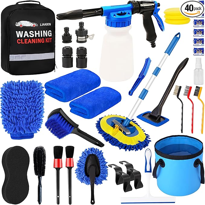 37Pcs Car Wash Detailing Kit Foam Gun Sprayer Long Handle Foldable Car Wash Brush Bucket Towels Tire Brush Wash Mitt Sponge Duster Brush Car Wash Kit is Complete Car Care Tools