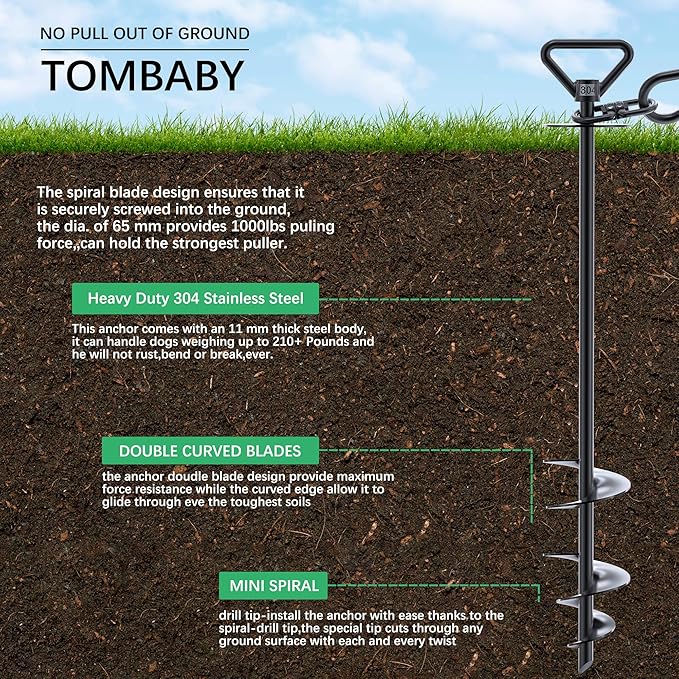 TOMBABY Dog Tie Out Cable and Stake,with 30FT Heavy Duty Cable,360° Swivel Dog Anchor& Anti-Tangle,Dog Runner for Yard,Dog Stake Allows Dogs Up to 210 lbs, Dog Stakes for Outside Beach,Camping, Yard
