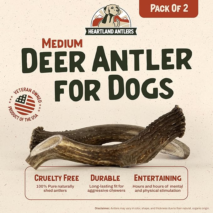 Heartland Deer Antlers for Dogs - Daily Dental Care Chews for Aggressive Chewers to Reduce Plaque & Prevent Destructive Behavior (Splinter Free, 5-6", Medium, 2-Pack, Grade A, USA Made)