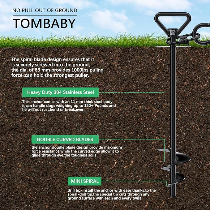 TOMBABY Dog Tie Out Cable and Stake,with 30FT Heavy Duty Cable,360° Swivel Dog Anchor& Anti-Tangle,Dog Runner for Yard,Dog Stake Allows Dogs Up to 150 lbs, Dog Stakes for Outside Beach,Camping, Yard