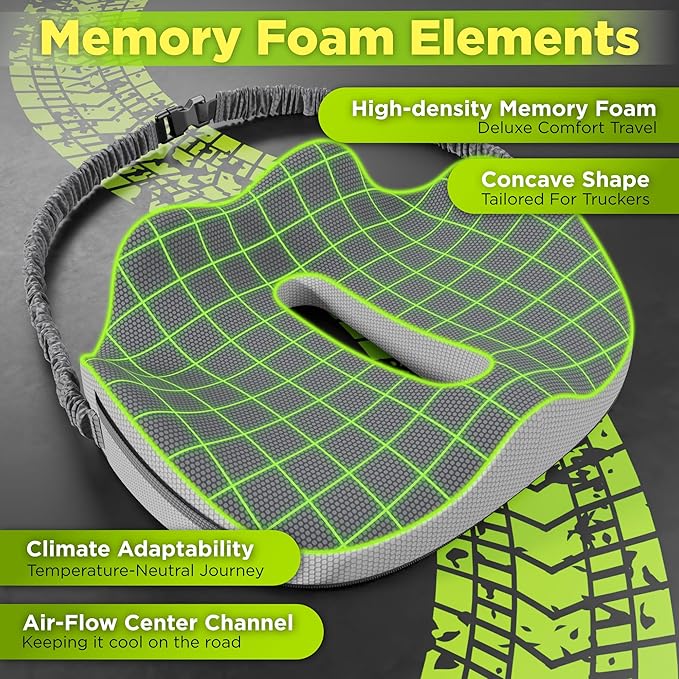Large Truck Seat Cushion for Truck Driver Seat Cushion - Upgraded Back Support, CertiPUR-US® Certified - Thick Memory Foam, Pain Relief for Hours of Driving, Trucker Approved Big Rig - Gray