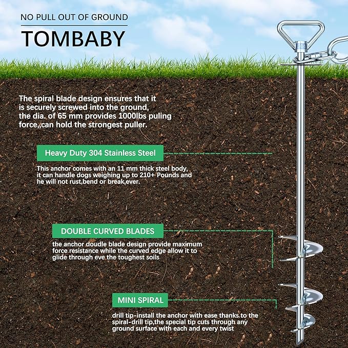 TOMBABY Dog Tie Out Cable and Stake,with 30FT Heavy Duty Cable,360° Swivel Dog Anchor& Anti-Tangle,Dog Runner for Yard,Dog Stake Allows Dogs Up to 210 lbs, Dog Stakes for Outside Beach,Camping, Yard