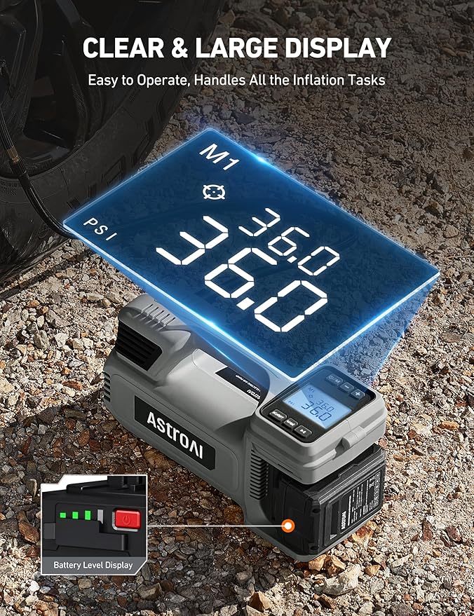 AstroAI TC4 Portable Air Compressor Tire Inflator, 470W 18V Cordless Air Pump for Truck Tires with 4000mAh Battery, 150PSI Heavy Duty Air Compressor with Digital Display for Car, RVs, SUV Gray
