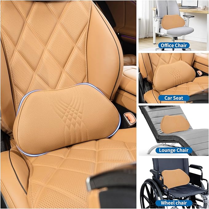 Lumbar Support Pillow for Car Seat, Office Chair Leather Memory Foam Lower Back Cushion for Back Pain Relief Improve Posture, Ergonomic Back Rest for Gaming Chair, Palomino, 1PC