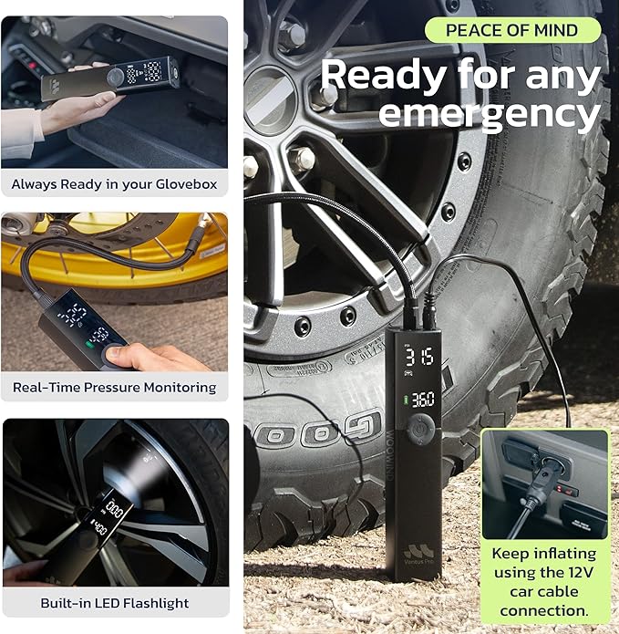 Woowind Premium Tire Inflator Portable Air Compressor, 2X Faster, 150PSI Air Pump For Car Tires, Tire Pump, with 12V DC Cord for Trucks & Off-Road Tires, Auto Shut-Off