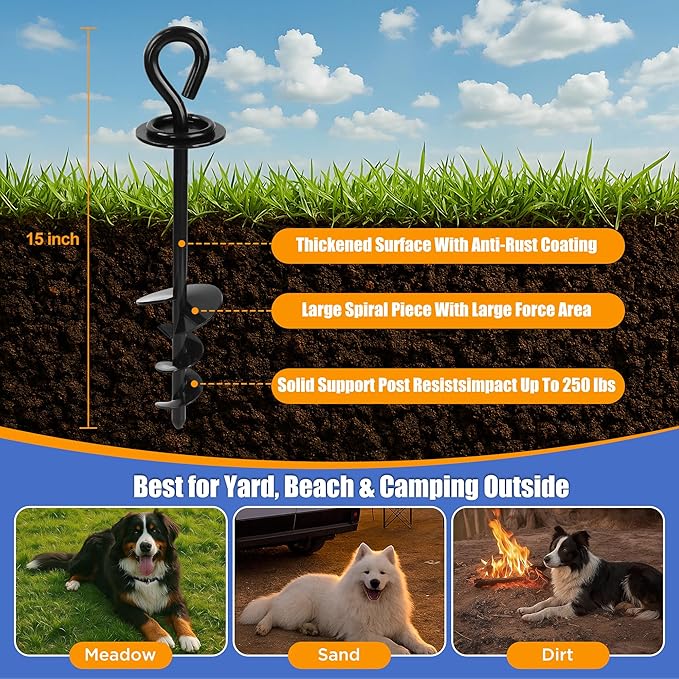 Dog Tie Out Cable and Stake - 30ft Heavy Duty Tether (up to 250 lbs) with Carabiners & 360° Swivel Hook & Shock Spring, Ideal Ground Anchor Kit for Yard, Beach & Camping Outdoors (Black)