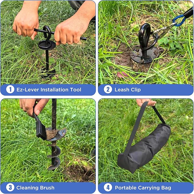 Dog Tie Out Cable and Stake - 30ft Heavy Duty Tether (up to 250 lbs) with Carabiners & 360° Swivel Hook & Shock Spring, Ideal Ground Anchor Kit for Yard, Beach & Camping Outdoors (Black)