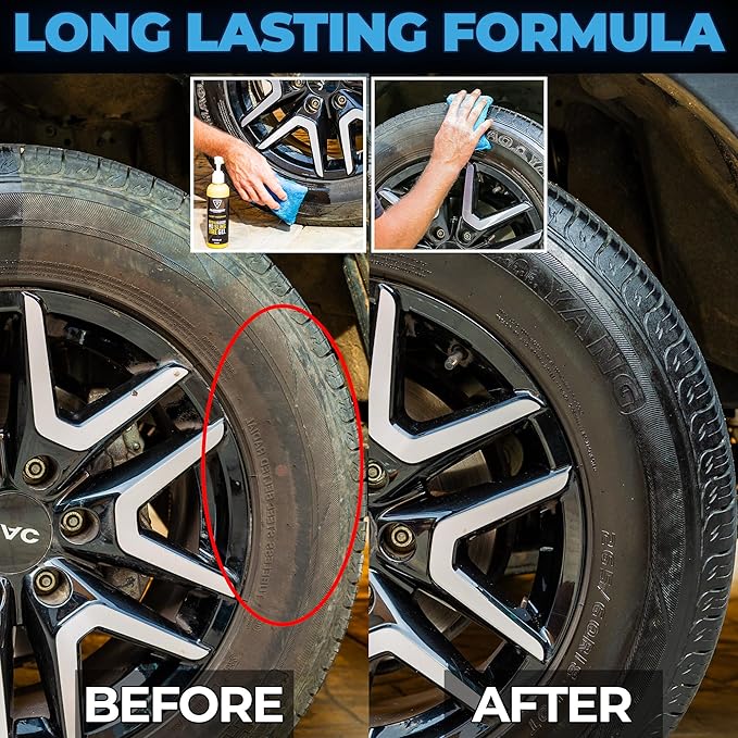 Tire Shine Gel Coating and Dressing (8oz) - High Gloss Wheel Tire Shine for Cars - No-Sling Anti-Stick Protection, Works on Rubber, Plastic, Vinyl - Incl 2 Microfiber Towels