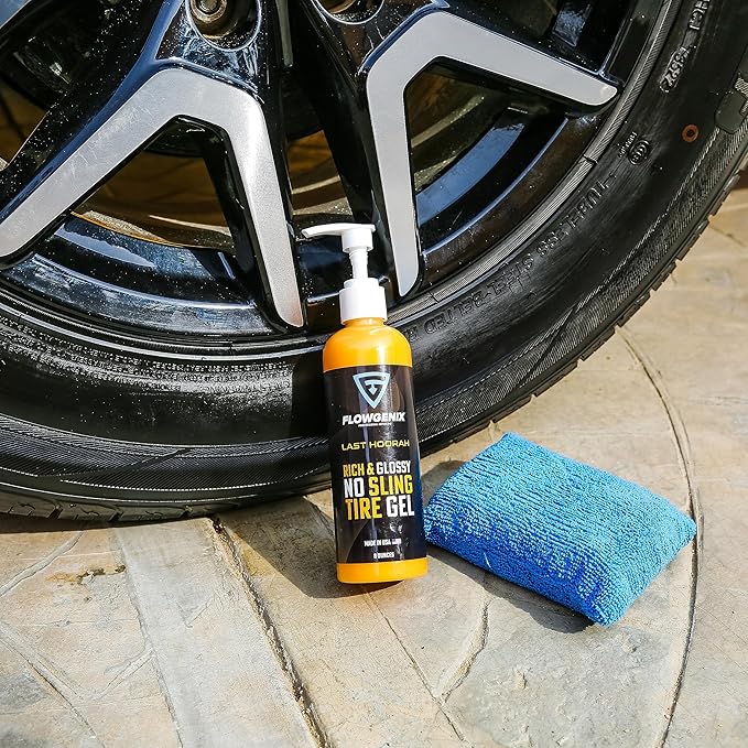 Tire Shine Gel Coating and Dressing (8oz) - High Gloss Wheel Tire Shine for Cars - No-Sling Anti-Stick Protection, Works on Rubber, Plastic, Vinyl - Incl 2 Microfiber Towels