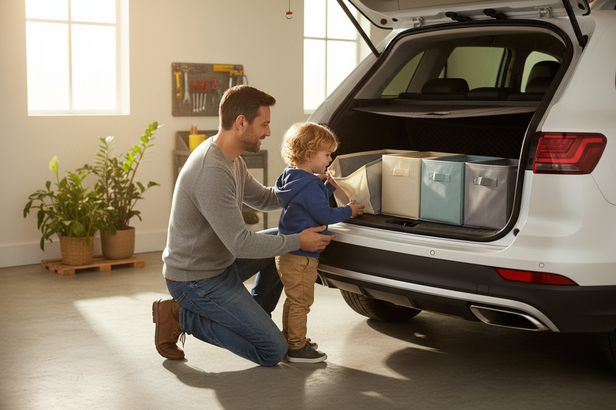 A warm, cozy family scene at home, father and child organizing the car trunk together using storage organizers, soft sunlight, peaceful weekend atmosphere, modern SUV, clean and bright colors, lifestyle photography, natural expressions, high resolution.