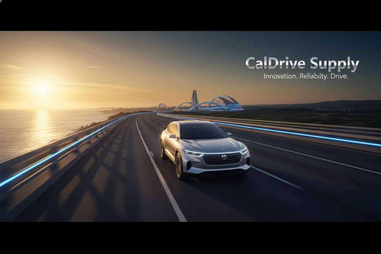 Cinematic eCommerce banner for CalDrive Supply, a modern automotive lifestyle and supply store targeting California drivers in their 40s. The scene shows a sleek silver SUV driving along a futuristic California coastal highway during golden hour, with metallic reflections on the car and soft sunset light. The background includes subtle tech-inspired blue neon lines along the road, representing innovation and reliability. The overall mood is professional, confident, and aspirational.  
Color palette: metalli